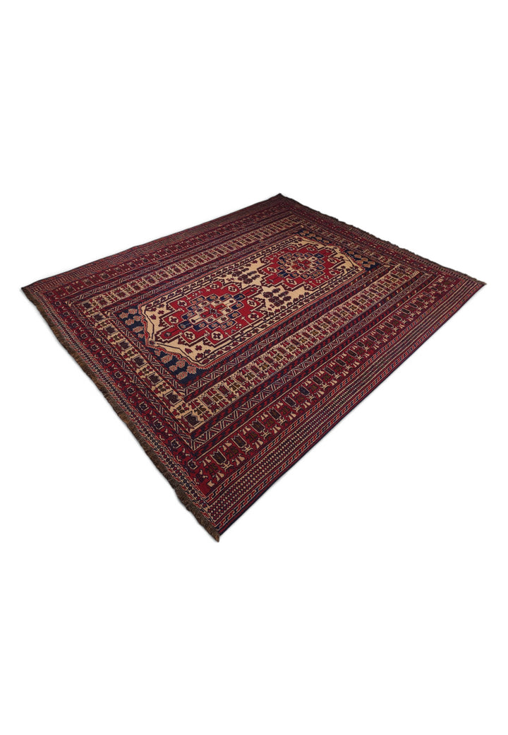 Deep Red and Camel Stepped Turkmen Medallion Kilim, Hand-Woven Wool
