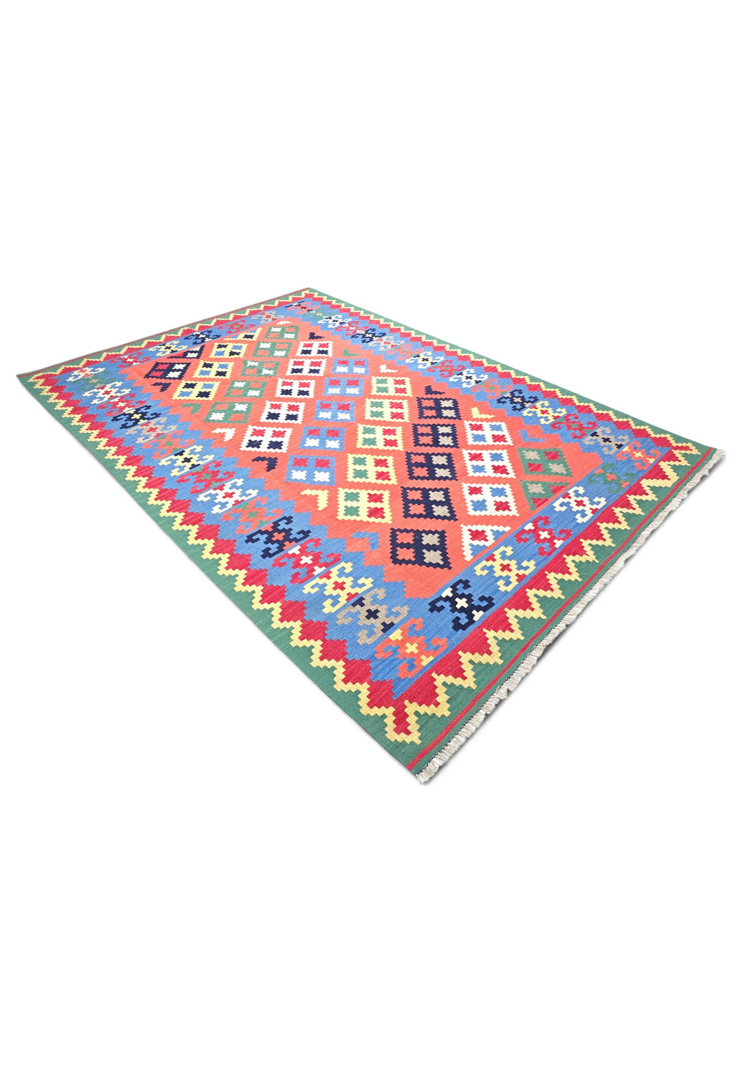 Coral and Green Qashqai Diamond Kilim, Hand-Woven Wool