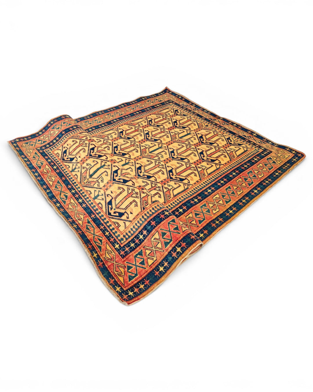 Gold &amp; Navy Caucasian Rug, Hand-Knotted Afghani Sherwan