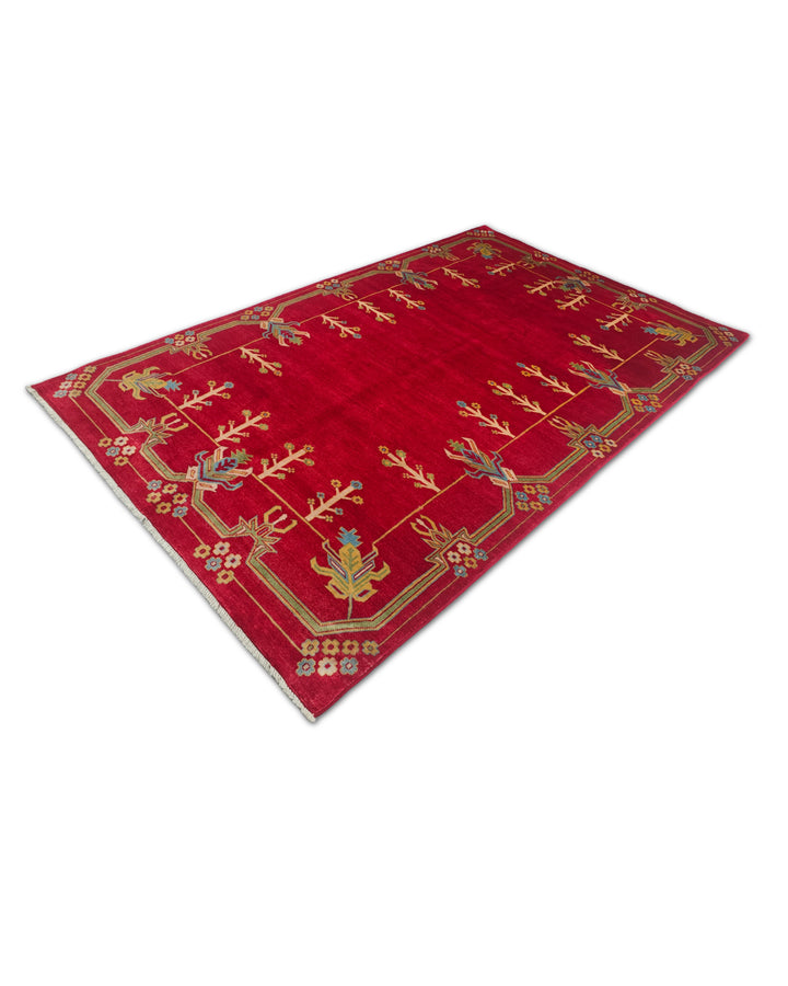 Deep Red and Cream Flowering Tree, Hand-Knotted Wool Rug