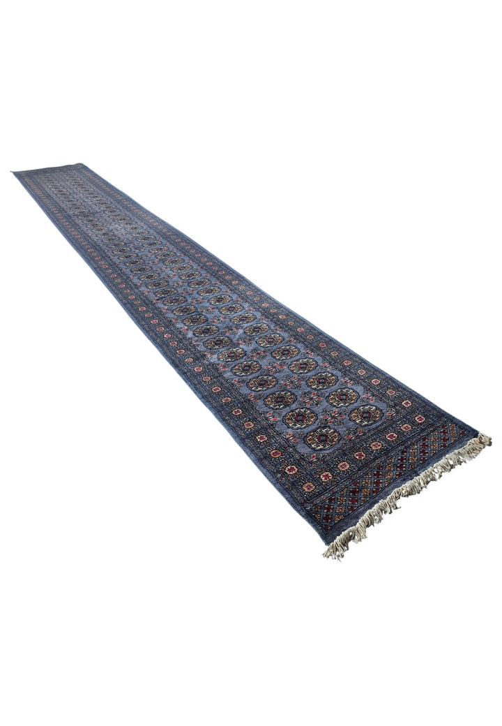 Slate Blue and Camel Turkmen Gül Bokhara, Hand-Knotted Wool Rug