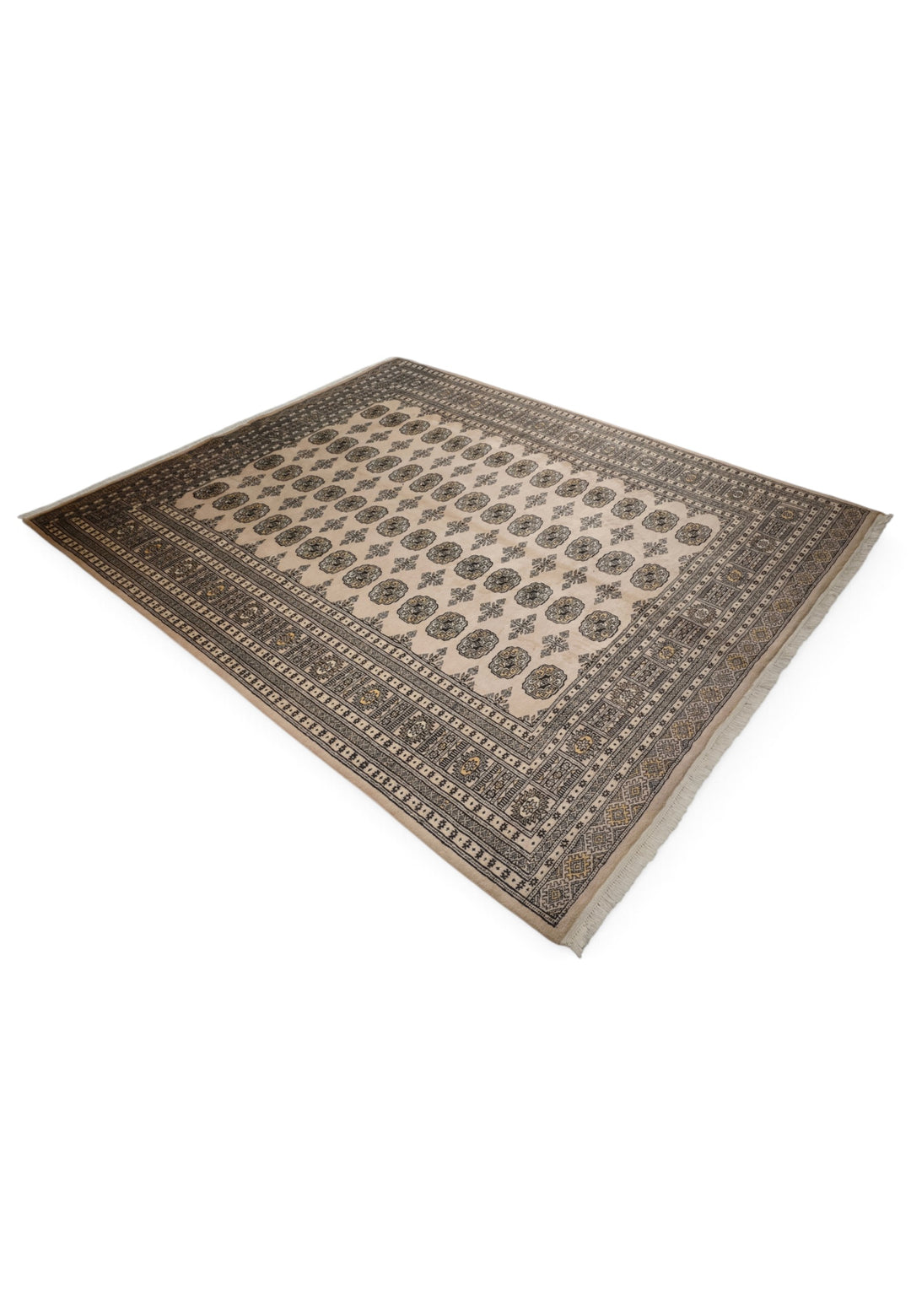 Sand and Espresso Gül and Tree Bokhara, Hand-Knotted Wool Rug