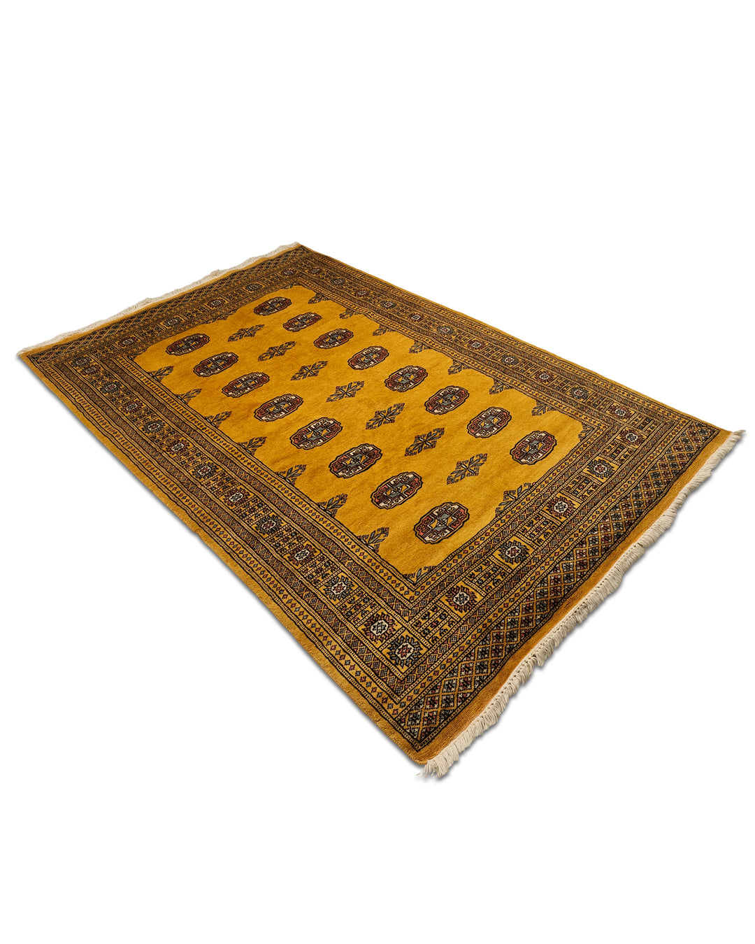 Amber Gold Turkmen Gül Bokhara Rug, Hand-Knotted Pakistani Wool