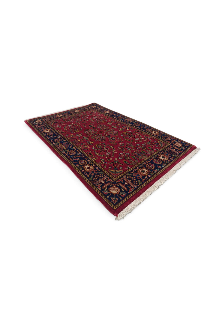 Madder Red and Indigo Sarouk Garden Floral, Hand-Knotted Wool Rug