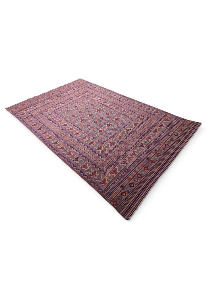 Blush Apricot and Navy Banded Kilim, Hand-Woven Wool