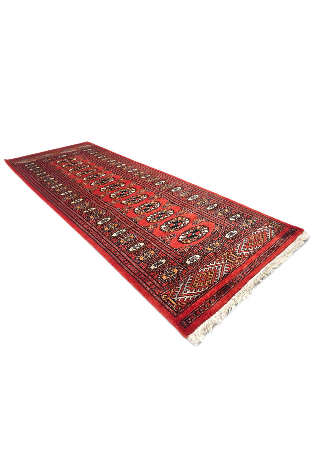 Red and Orange Turkmen Gül Bokhara, Hand-Knotted Wool Rug