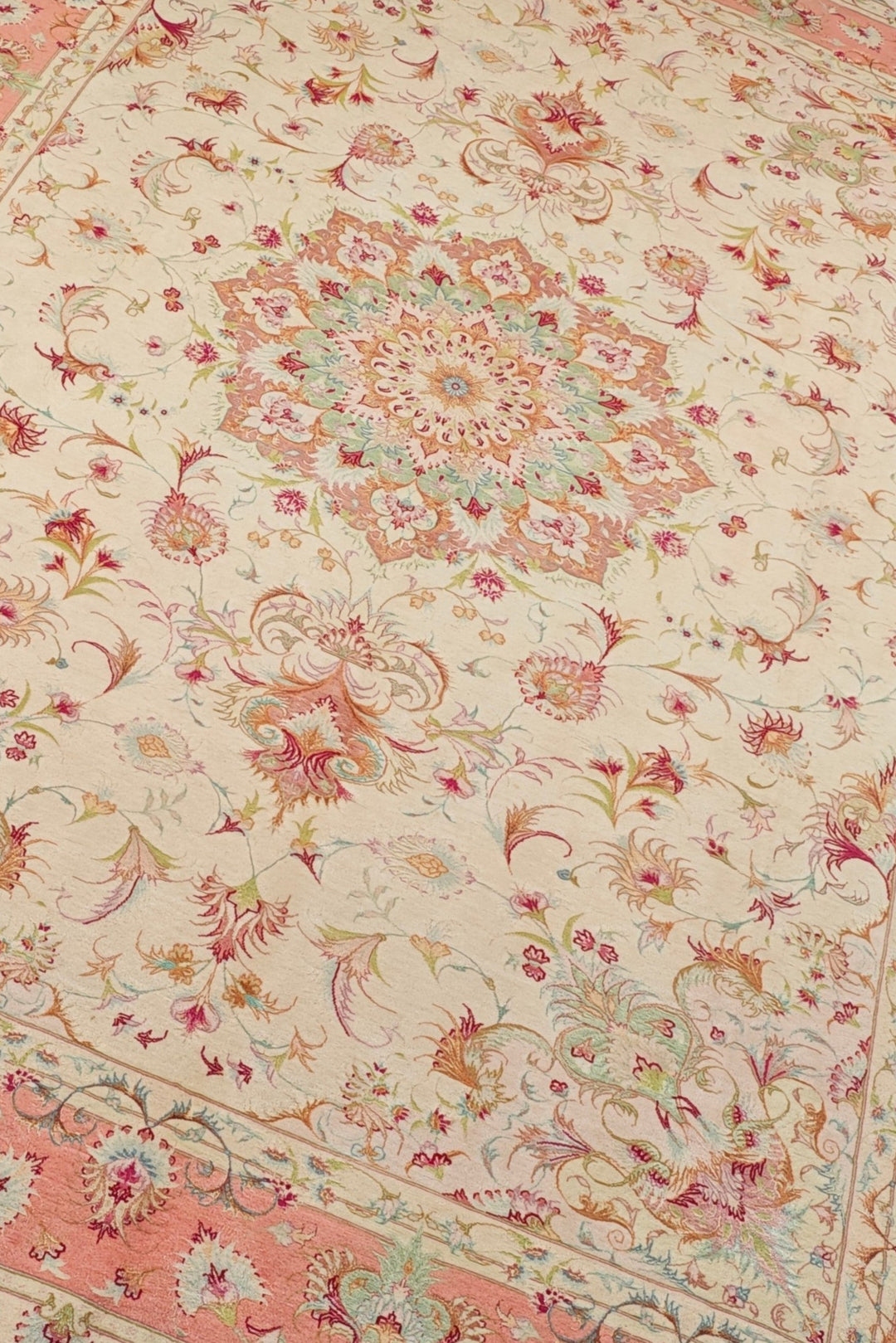 Cream and Coral Medallion Tabriz, Hand-Knotted Wool Rug