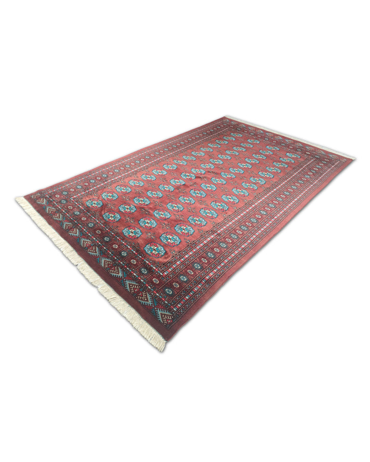 Oxblood and Blue Turkmen Gül Bokhara, Hand-Knotted Wool Rug