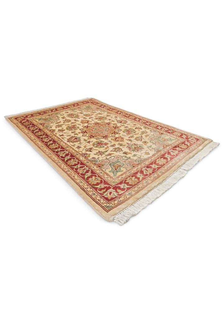Cream and Brick Red Medallion Tabriz, Hand-Knotted Wool and Silk Rug