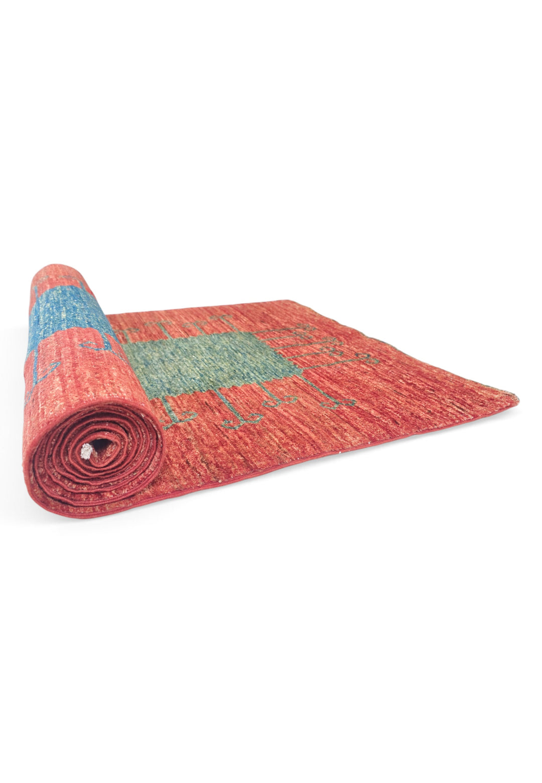 Terracotta Red and Green Panel Gabbeh, Hand-Knotted Wool Rug