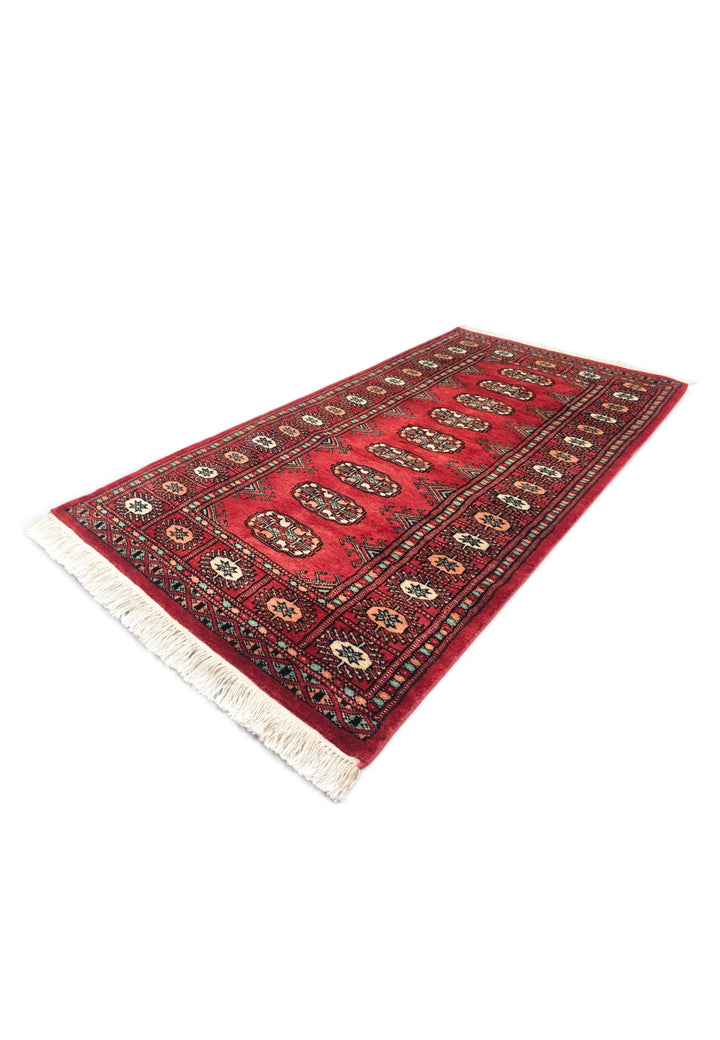 Ruby Red and Peach Turkmen Gül Bokhara, Hand-Knotted Wool Rug
