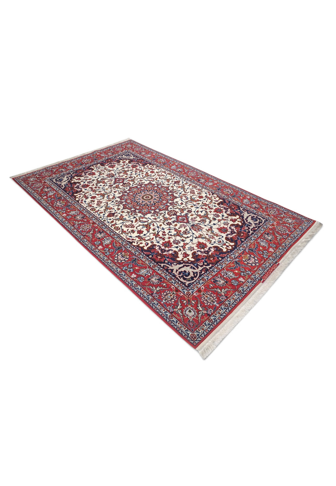 Ivory and Red Star Medallion Sirafian Isfahan, Hand-Knotted Wool Rug