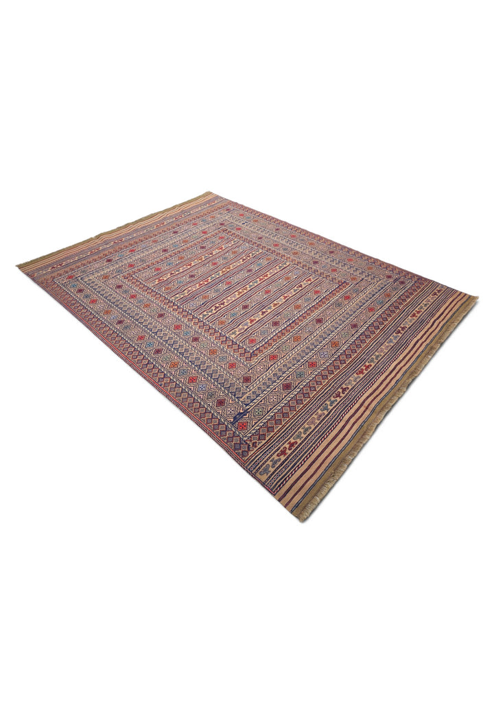 Camel and Indigo Banded Kilim, Hand-Woven Wool
