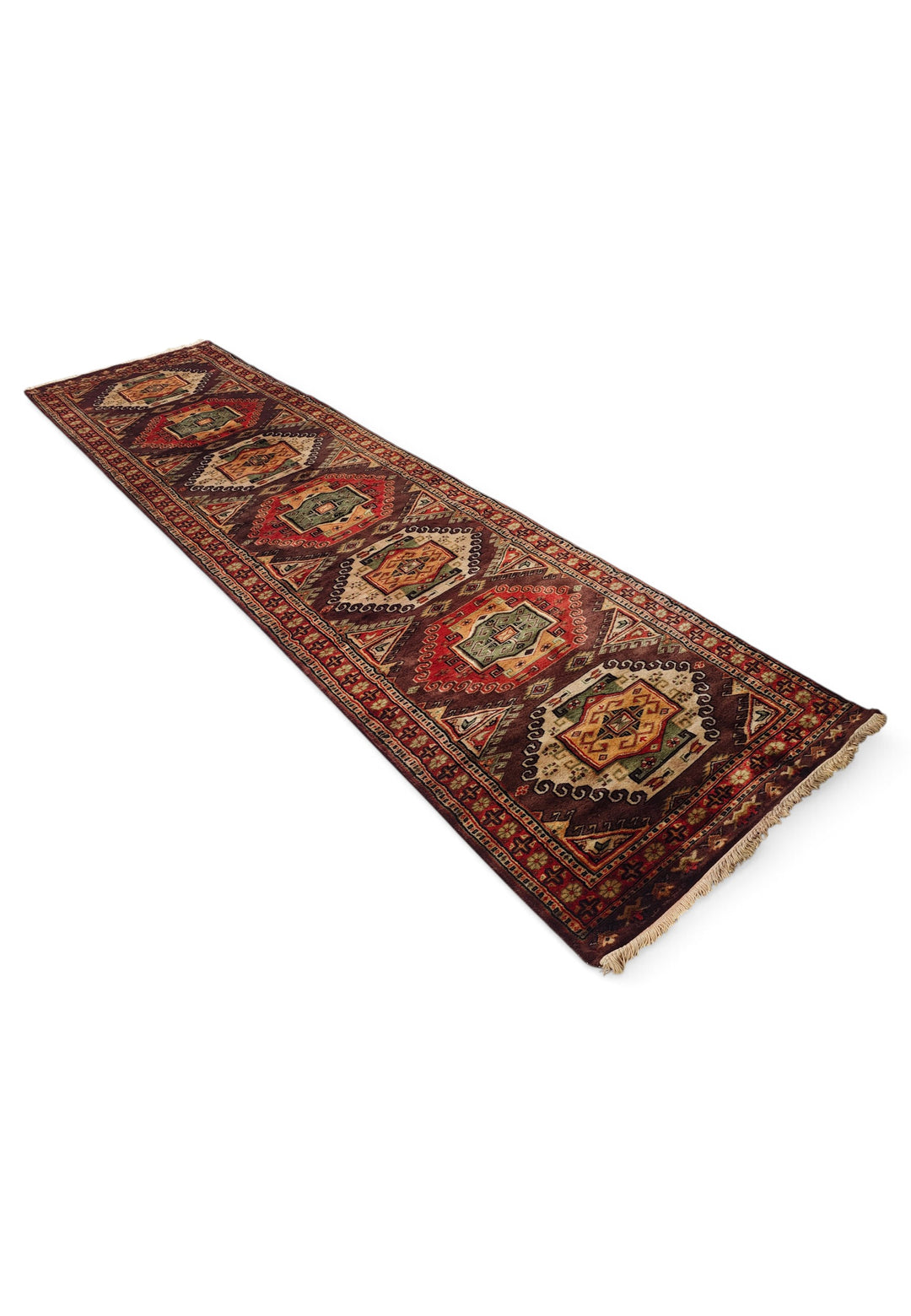 Espresso and Madder Red Scrolled Medallion, Hand-Knotted Wool Rug