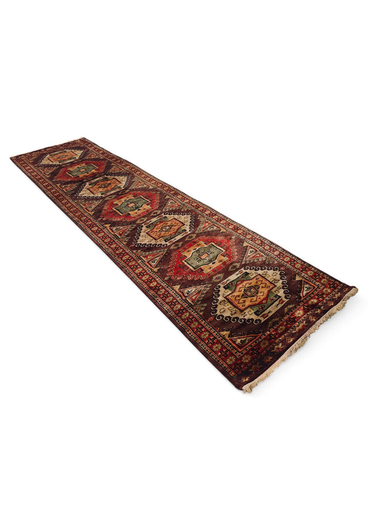 Espresso and Madder Red Scrolled Medallion, Hand-Knotted Wool Rug