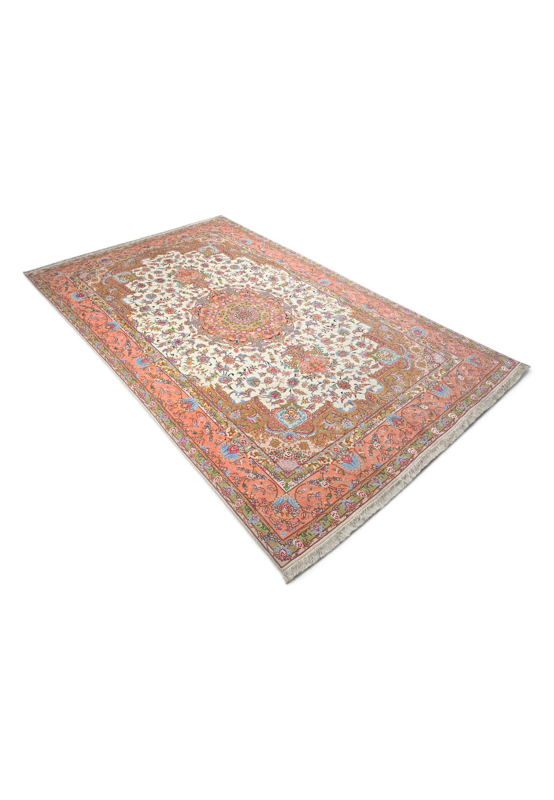 Ivory and Coral Radiating Medallion Tabriz, Hand-Knotted Wool Rug