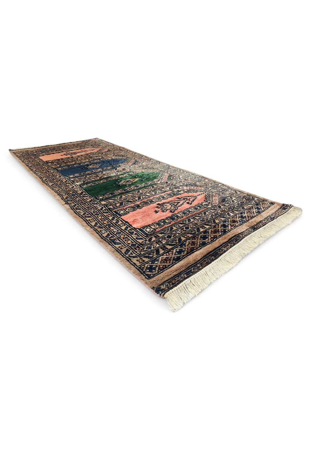 Camel and Salmon Saf Prayer Design, Hand-Knotted Wool Rug