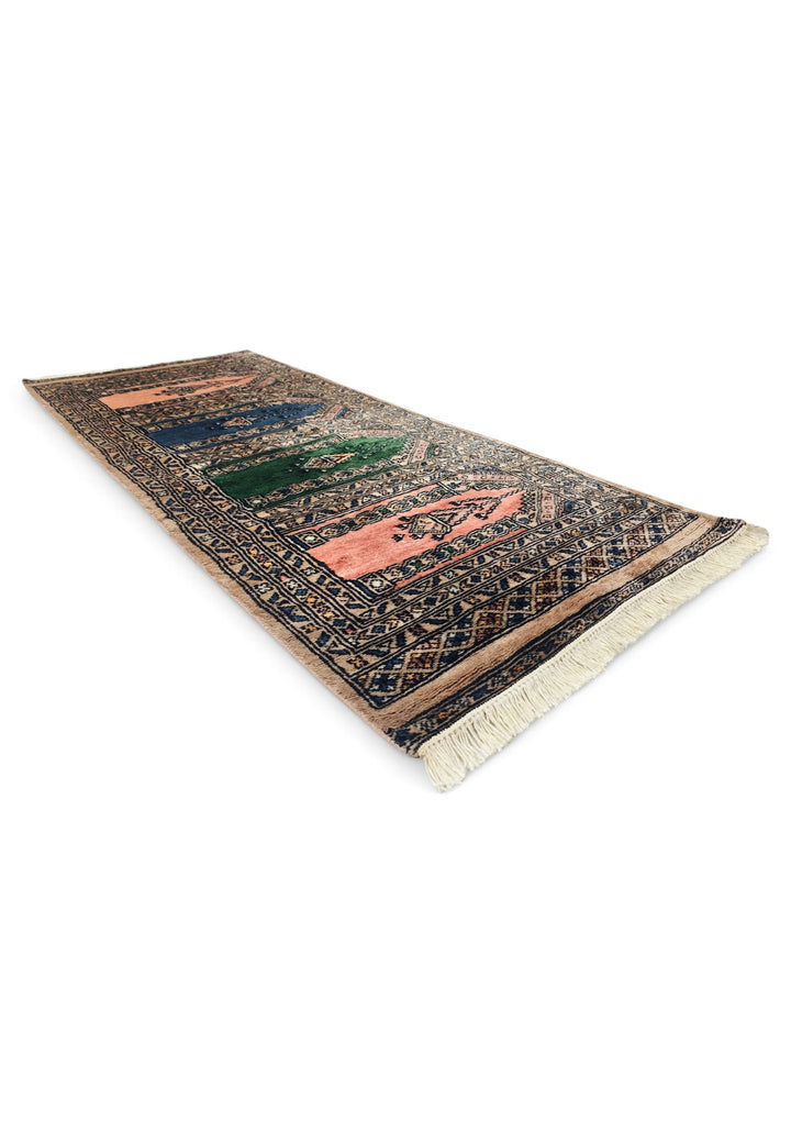 Camel and Salmon Saf Prayer Design, Hand-Knotted Wool Rug