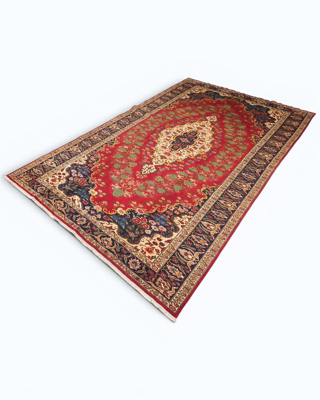 Red &amp; Navy Floral Medallion Rug, Hand-Knotted Afghani Sherwan