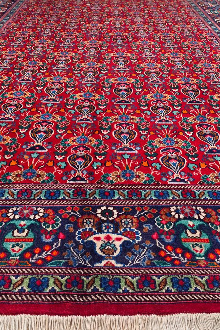 Cherry-Red Boteh Persian Moud, Hand-Knotted Wool Rug