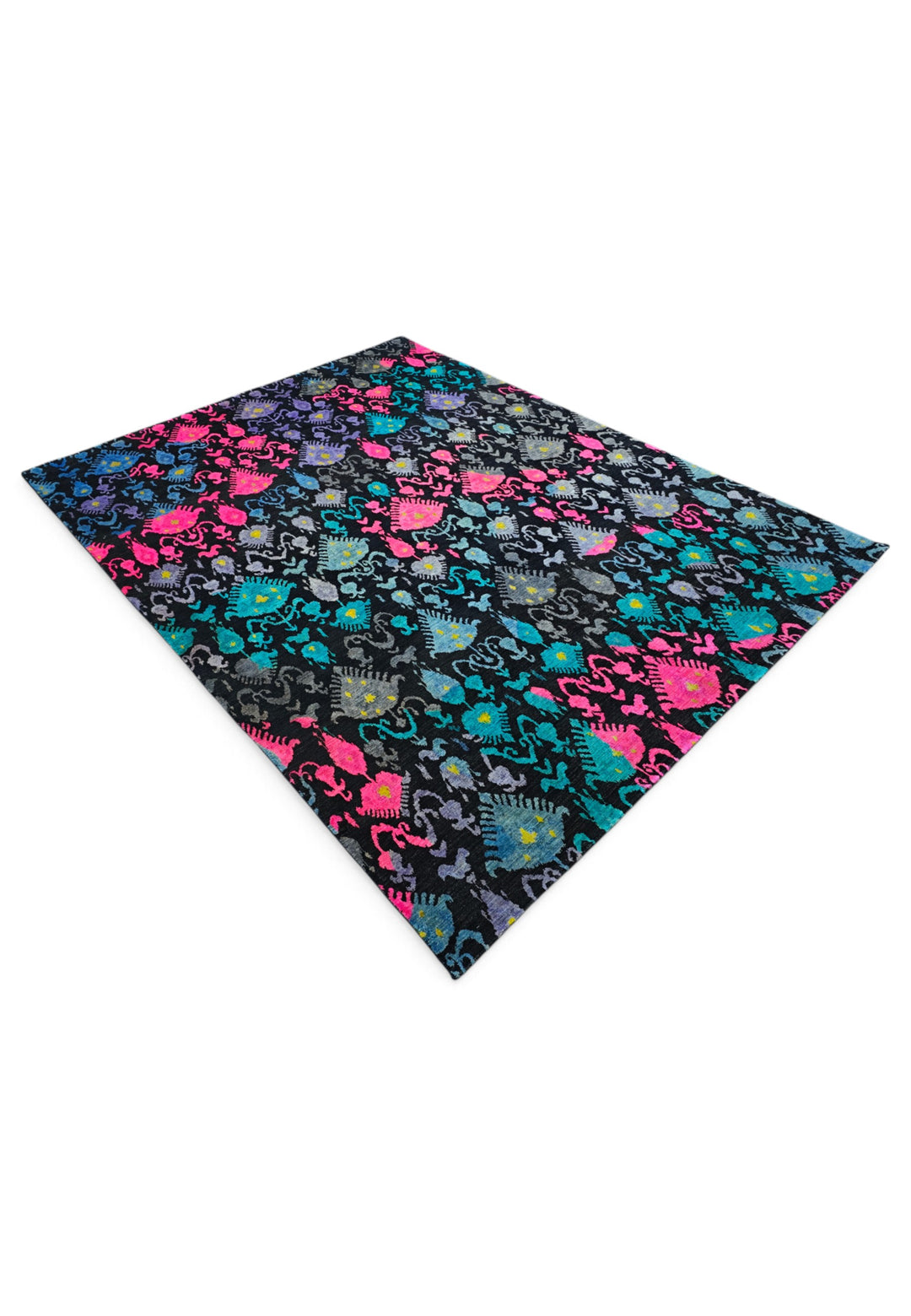 Indigo and Magenta Ikat Ghazni, Hand-Knotted Wool Rug