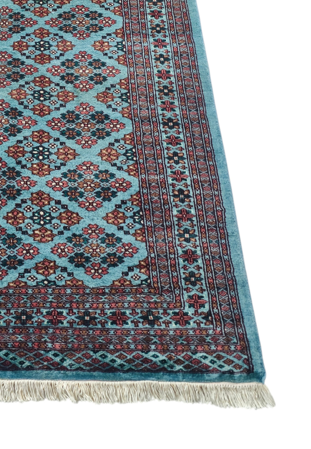 Turquoise and Rose Polychrome Lattice Jaldar, Hand-Knotted Wool Rug