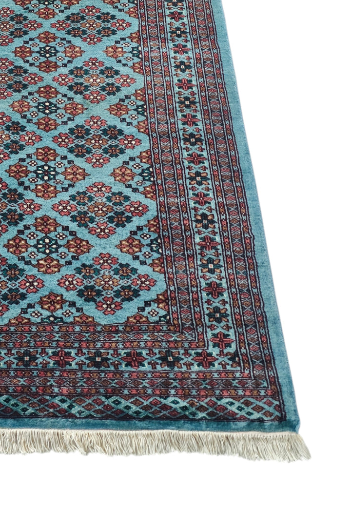 Turquoise and Rose Polychrome Lattice Jaldar, Hand-Knotted Wool Rug