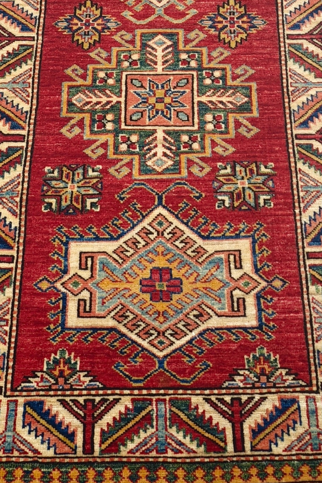 Deep Red and Cream Stepped Medallion Kazak, Hand-Knotted Wool Rug