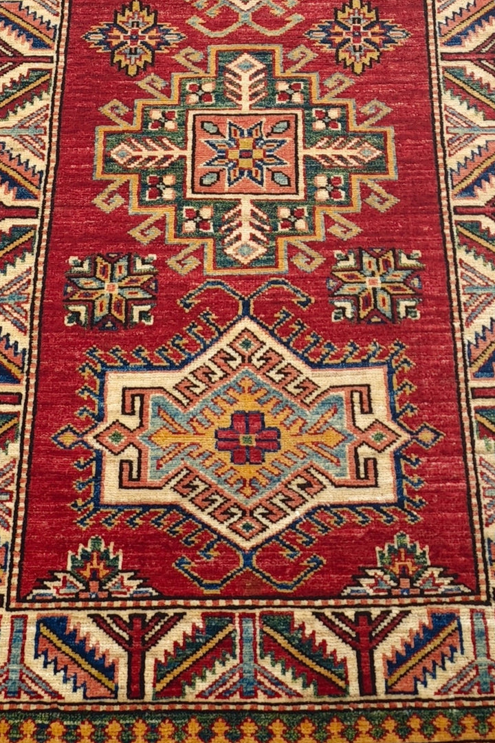 Deep Red and Cream Stepped Medallion Kazak, Hand-Knotted Wool Rug