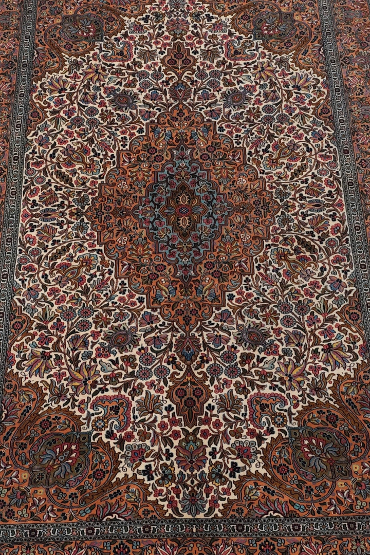 Cream and Brown Boteh Medallion, Hand-Knotted Silk Rug