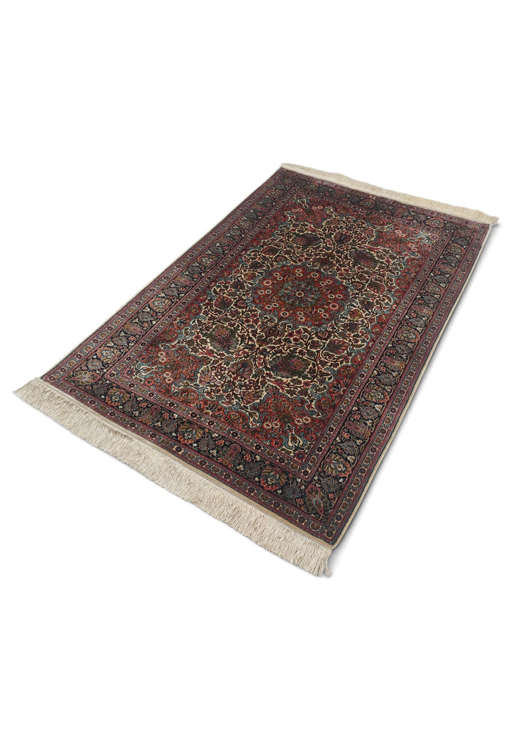 Ivory and Navy Shah Abbasi Floral Medallion, Hand-Knotted Silk Rug