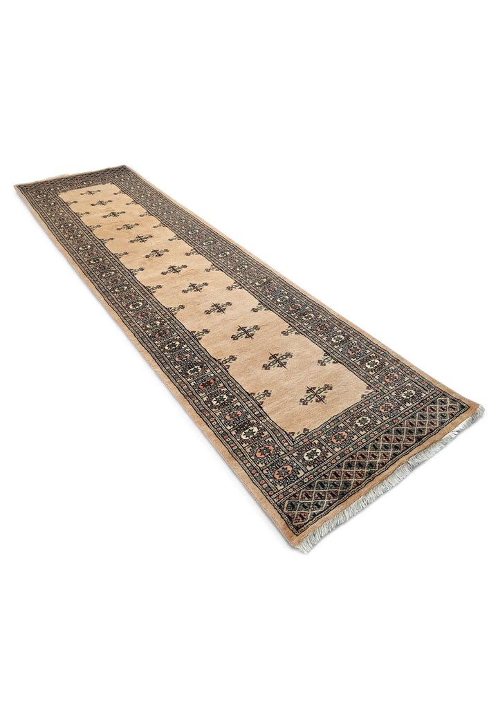 Camel and Espresso Open Field Bokhara, Hand-Knotted Wool Rug