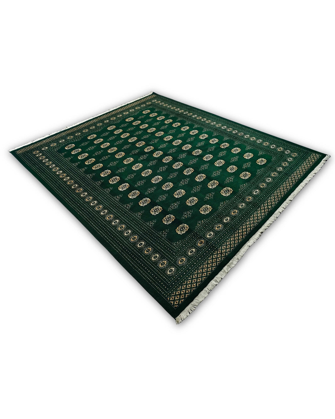 Emerald Green Turkmen Gül Bokhara Rug, Hand-Knotted Pakistani Wool