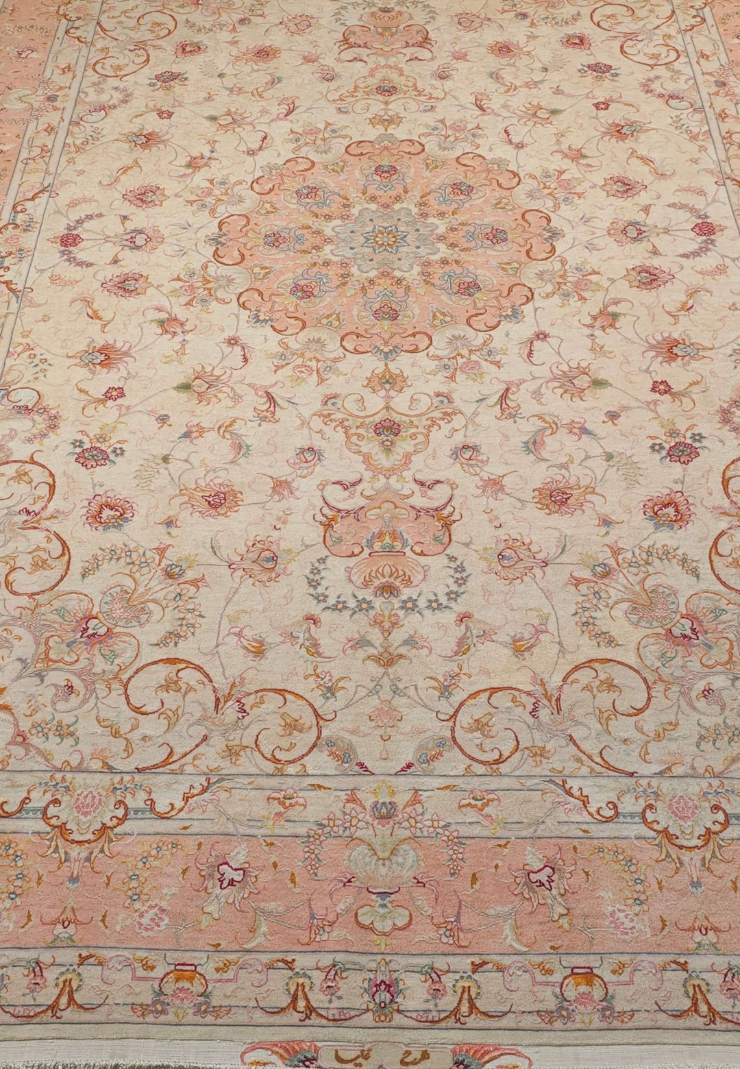Ivory and Peach Scrolling Leaf Medallion Tabriz, Hand-Knotted Wool Rug