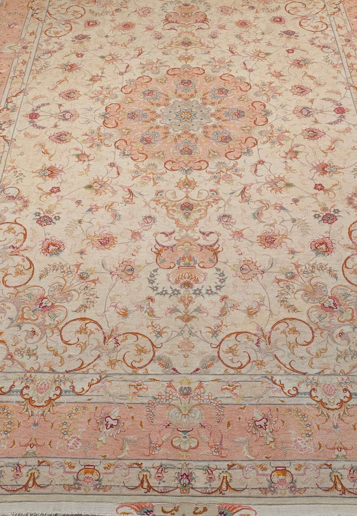 Ivory and Peach Scrolling Leaf Medallion Tabriz, Hand-Knotted Wool Rug