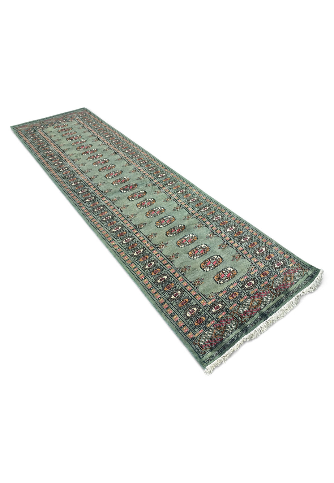 Sage and Gold Single Column Gül Bokhara, Hand-Knotted Wool Rug