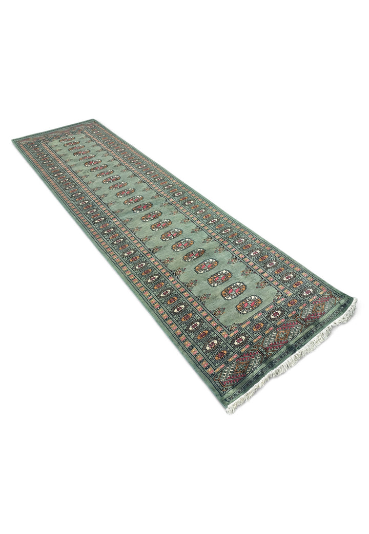 Sage and Gold Single Column Gül Bokhara, Hand-Knotted Wool Rug