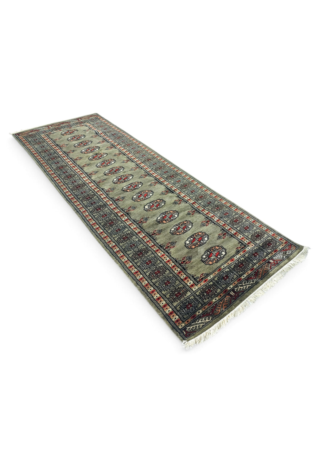 Olive and Peach Turkmen Gül Bokhara, Hand-Knotted Wool Rug