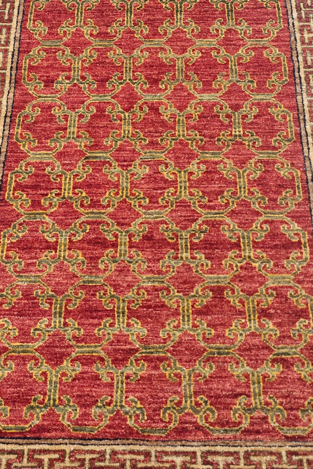 Brick Red and Camel Meander Lattice, Hand-Knotted Wool Rug