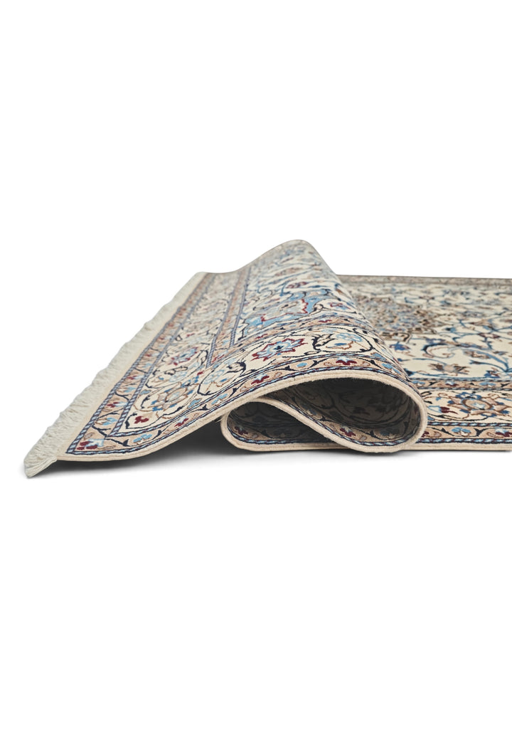 Ivory and Sky Blue Medallion Nain, Hand-Knotted Wool Rug