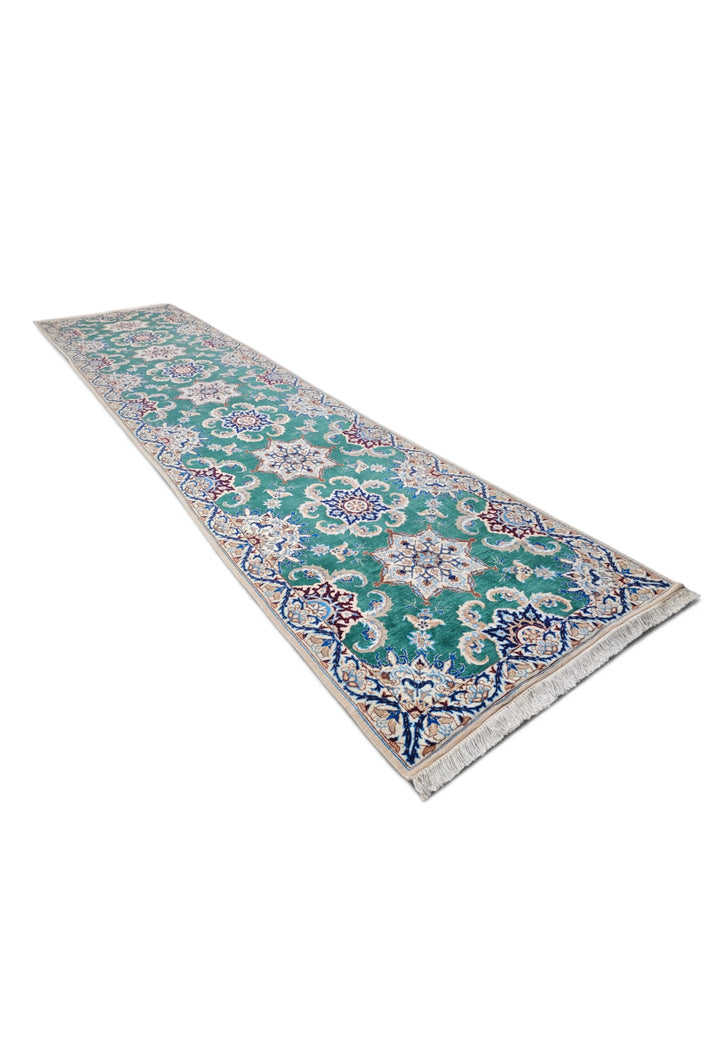 Teal and Ivory Star Medallion Nain, Hand-Knotted Wool Rug