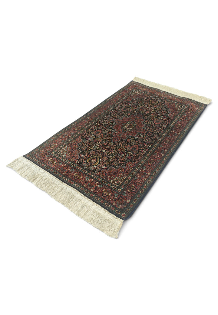 Dark Brown and Brick Red Stepped Medallion, Hand-Knotted Silk Rug