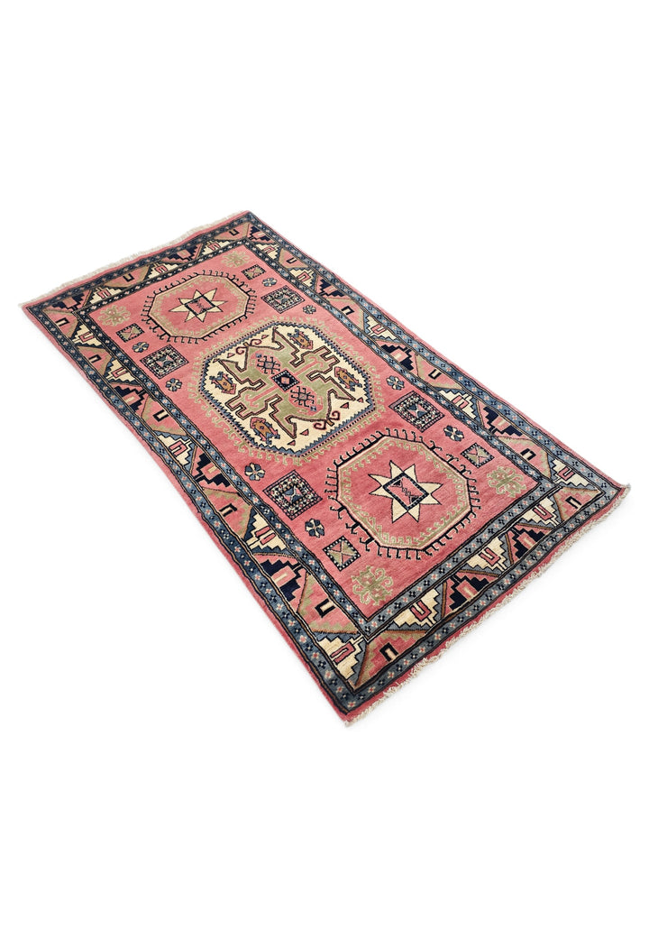 Rose and Ivory Star and Cross Medallion Kazak, Hand-Knotted Wool Rug