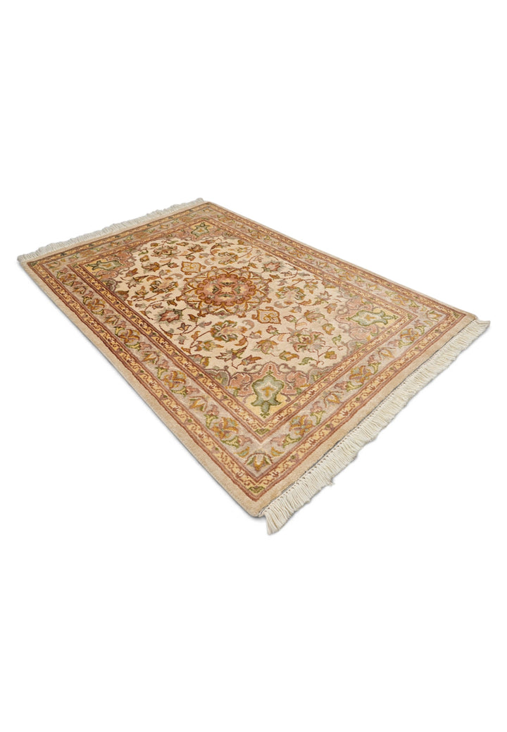 Ivory and Coral Medallion Tabriz, Hand-Knotted Wool and Silk Rug