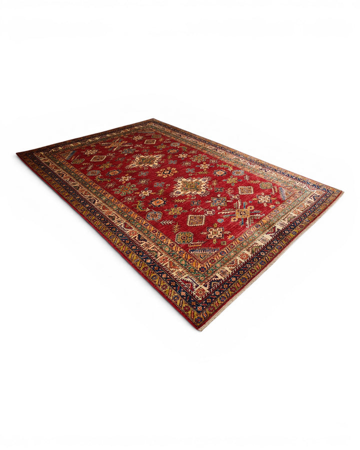 Red &amp; Gold Tribal Kazak Rug, Hand-Knotted Afghan Wool