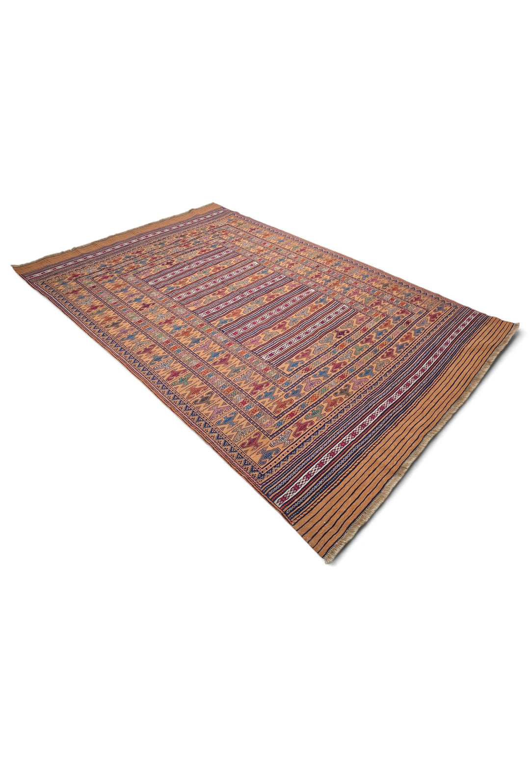 Apricot Camel and Indigo Banded Kilim, Hand-Woven Wool