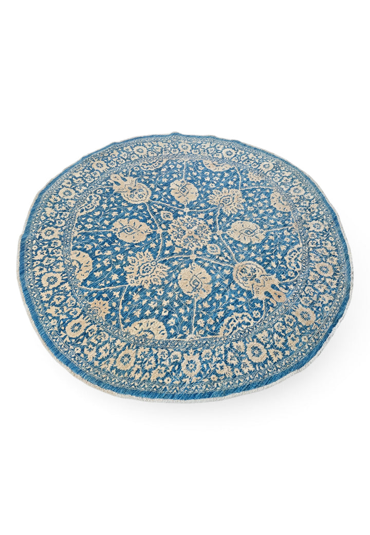 Slate Blue and Cream Radial Floral Round, Hand-Knotted Wool and Silk Rug