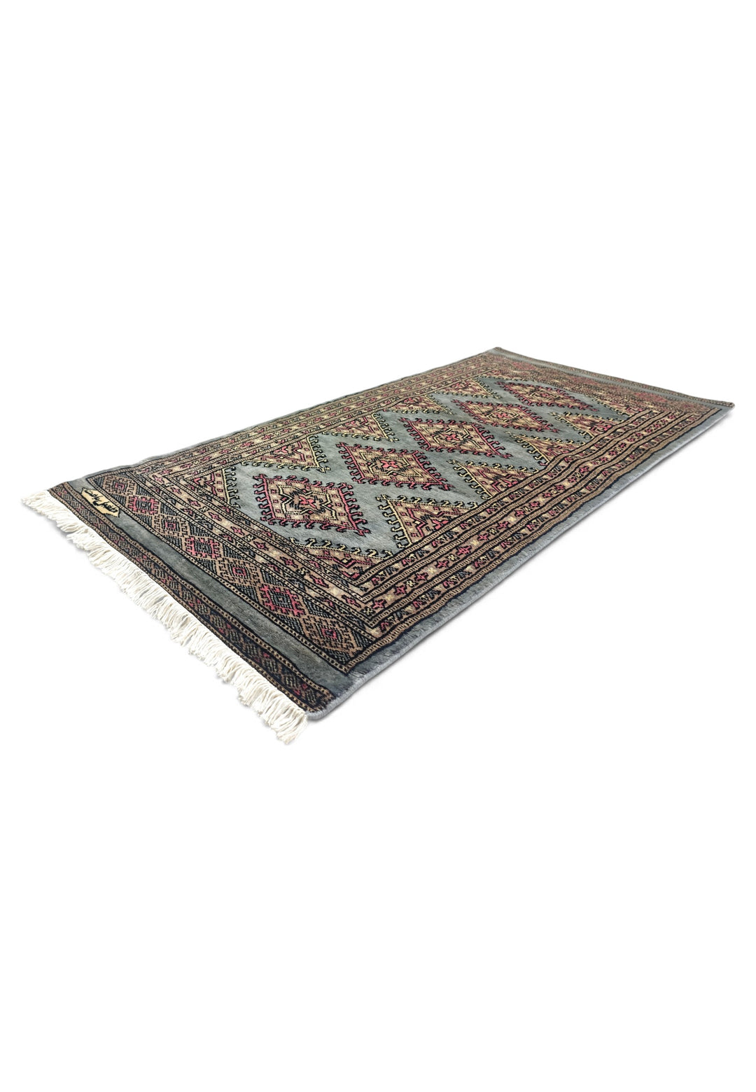 Grey-Green and Rose Jaldar Diamond Medallion, Hand-Knotted Wool Rug