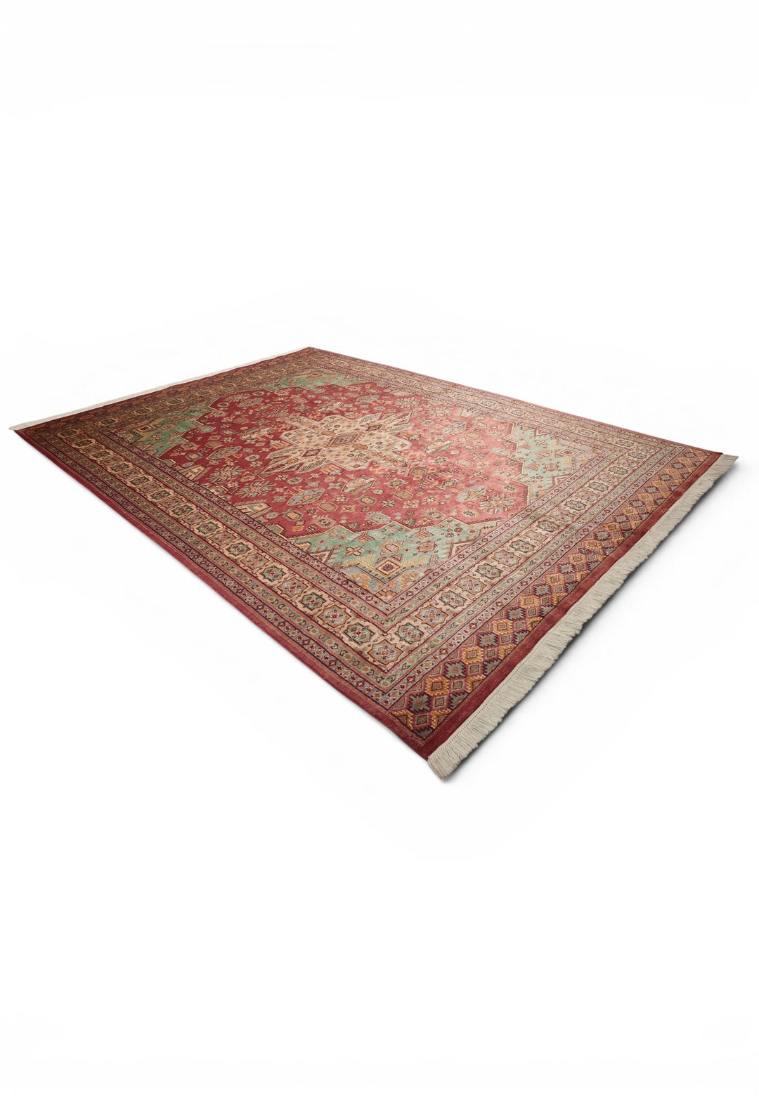 Rust Red &amp; Green Tribal Medallion Single Knot Wool and Silk Rug