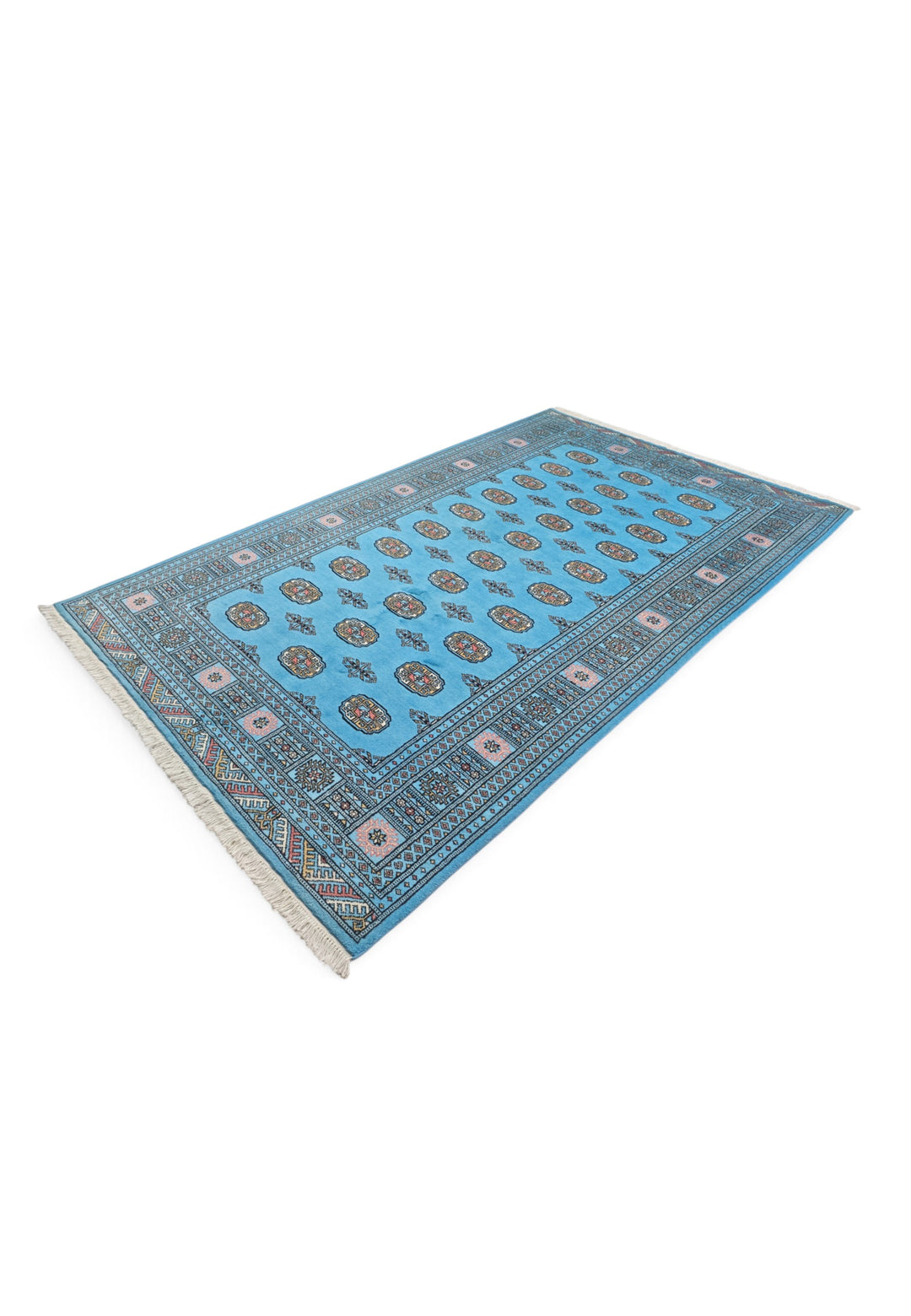 Turquoise and Ivory Turkmen Gül Bokhara, Hand-Knotted Wool Rug